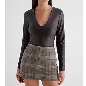 Express Brown Faux Leather LongSleeve Vneck Bodysuit NWOT
